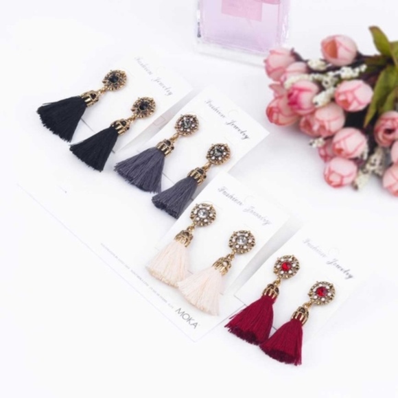 Black Antique Jeweled Tassel Stud Earrings - Picture 2 of 2